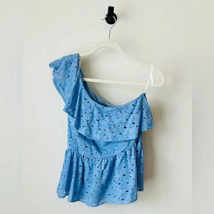 JOA One-Shoulder Blue Eyelet Ruffle Blouse - Size S - NWT Cottagecore style